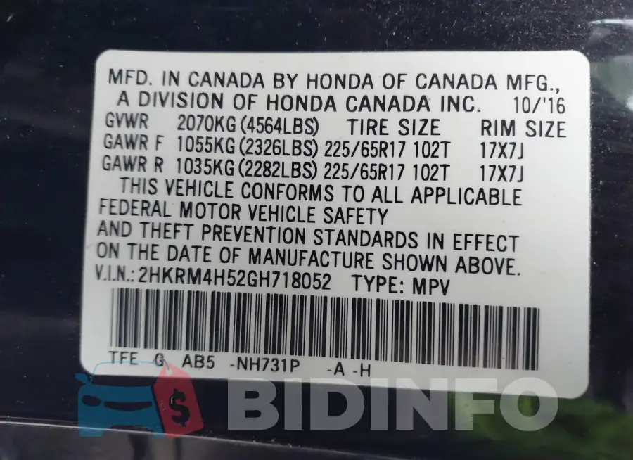 2HKRM4H52GH718052 Photo# 9