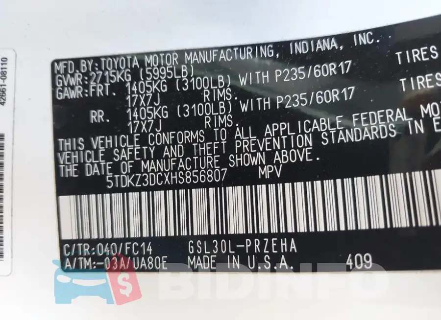 5TDKZ3DCXHS856807 Photo# 9