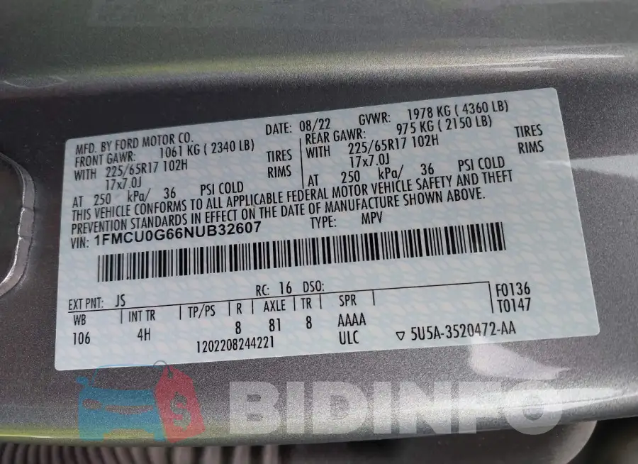 1FMCU0G66NUB32607 Photo# 9