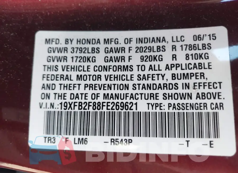 19XFB2F88FE269621 Photo# 9