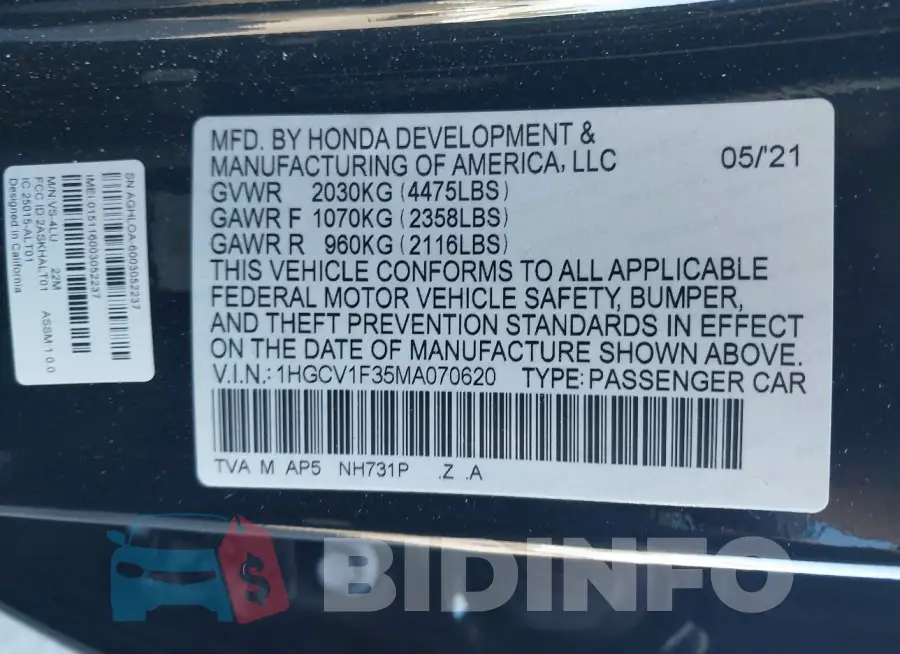 1HGCV1F35MA070620 Photo# 9