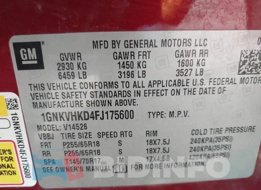 1GNKVHKD4FJ175600 Photo# 9