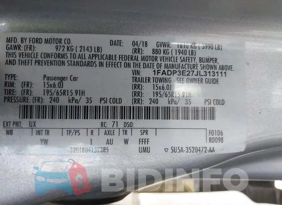 1FADP3E27JL313111 Photo# 9