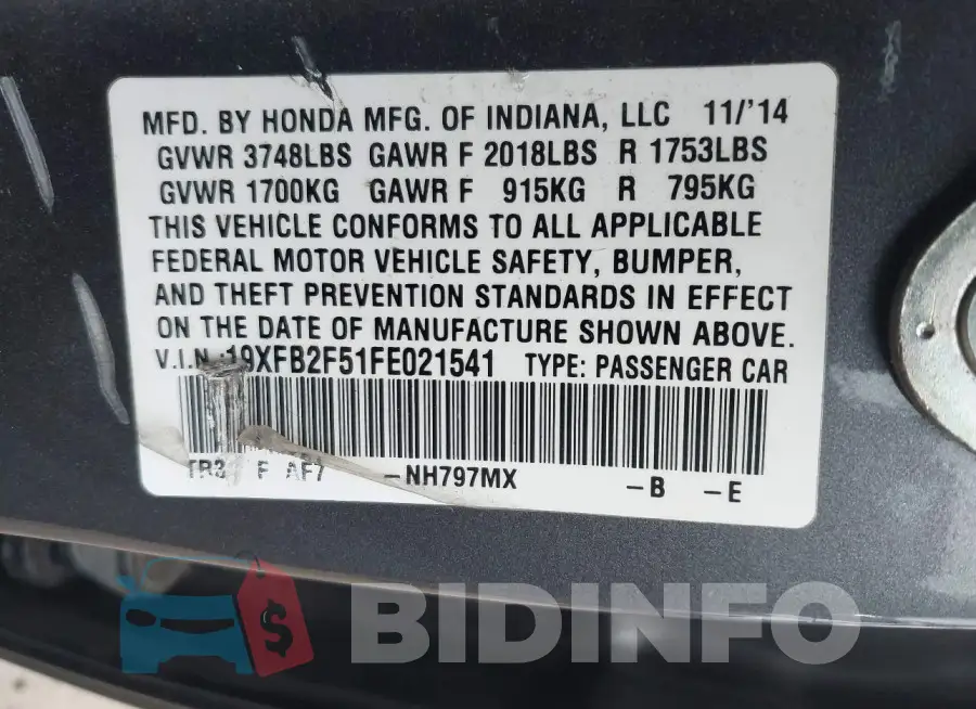 19XFB2F51FE021541 Photo# 9
