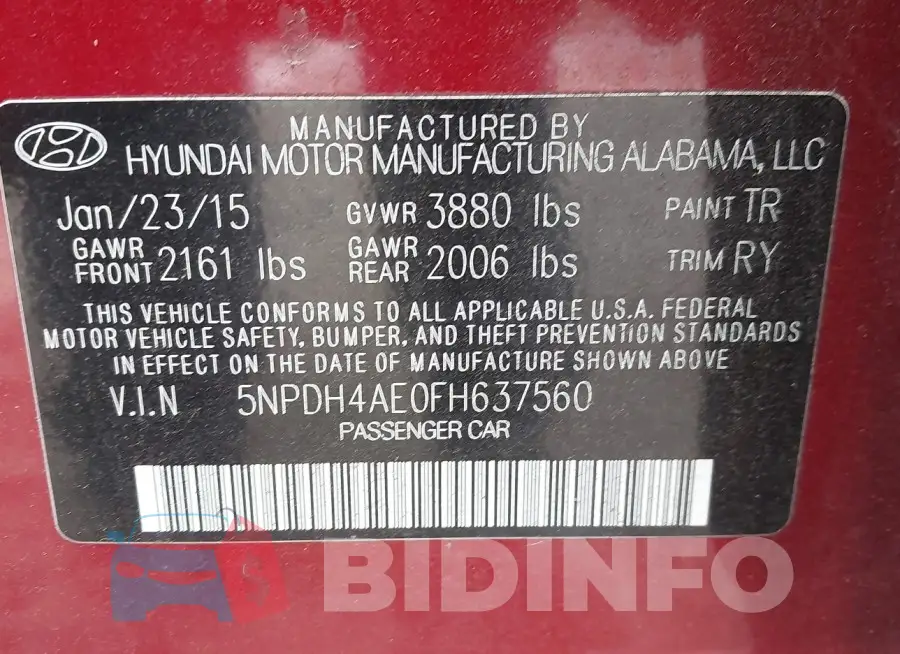 5NPDH4AE0FH637560 Photo# 9
