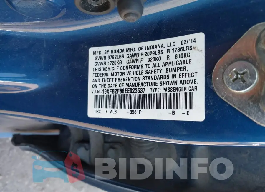 19XFB2F88EE023537 Photo# 9