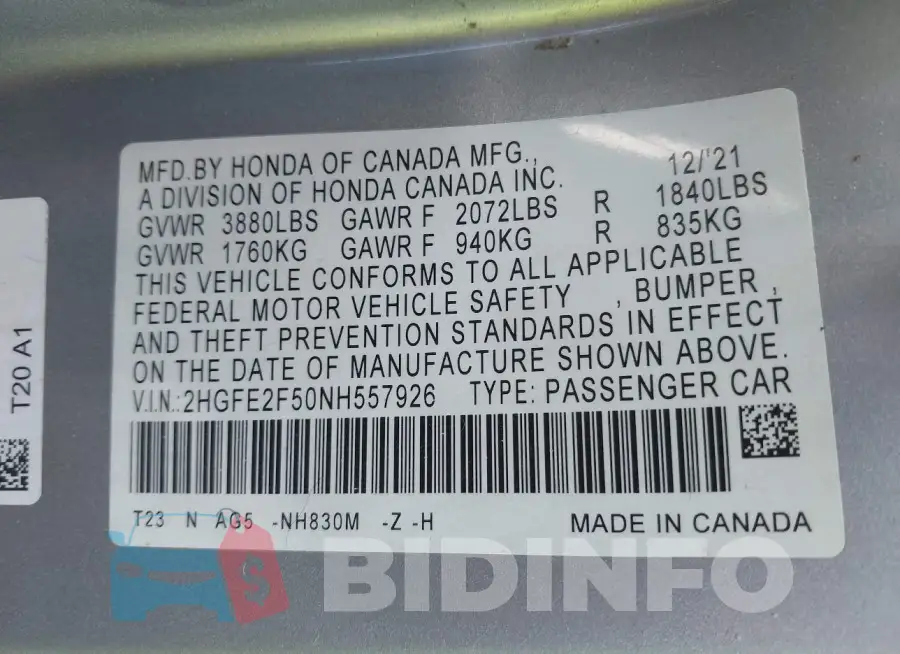 2HGFE2F50NH557926 Photo# 9