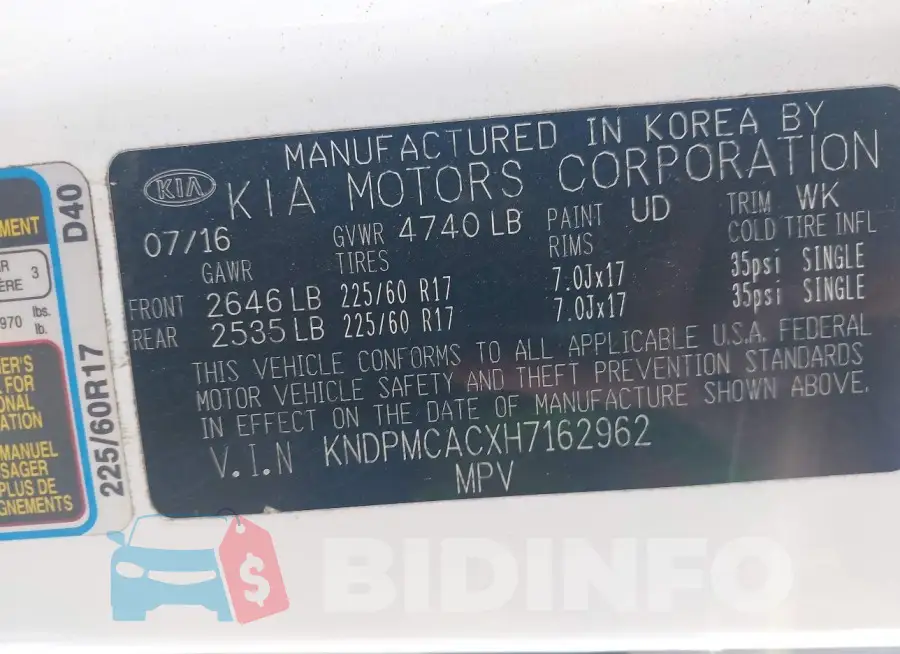 KNDPMCACXH7162962 Photo# 9