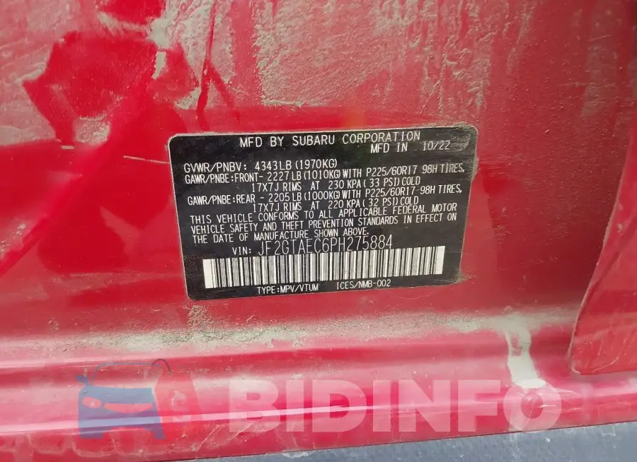 JF2GTAEC6PH275884 Photo# 9