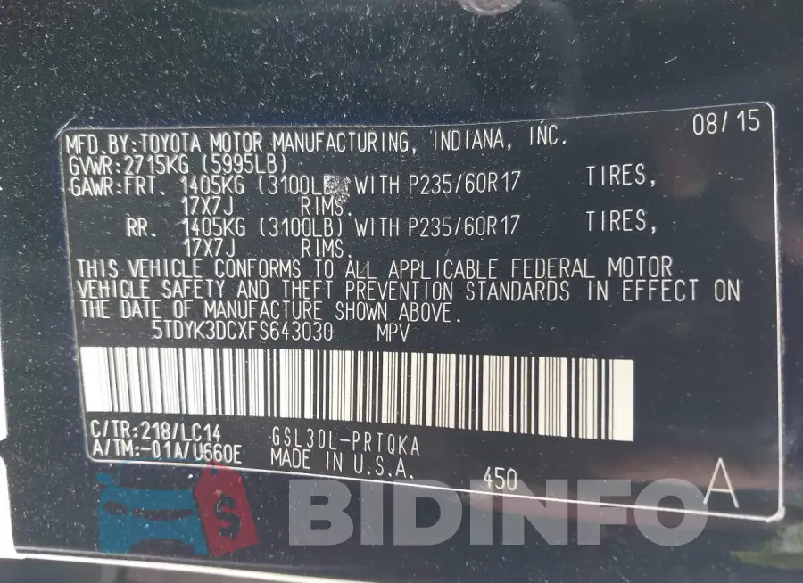 5TDYK3DCXFS643030 Photo# 9