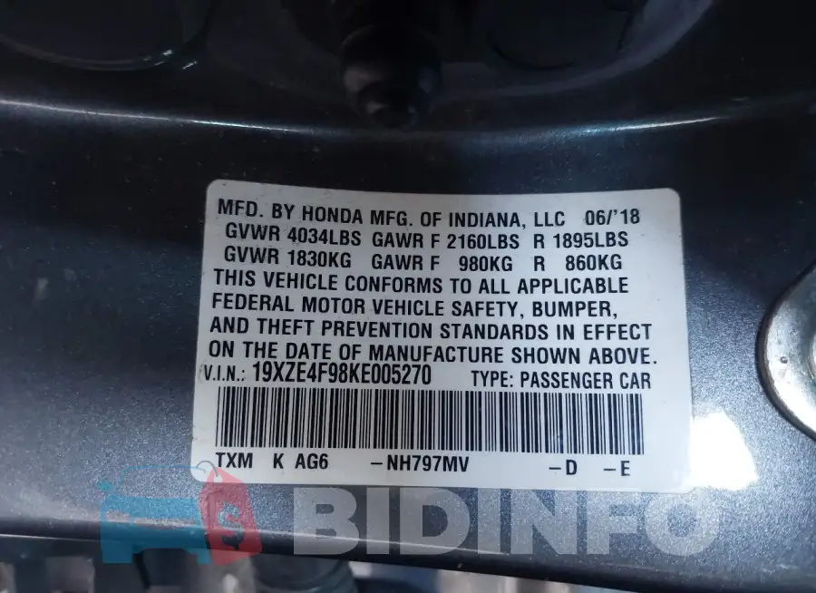 19XZE4F98KE005270 Photo# 9