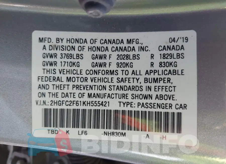 2HGFC2F61KH555421 Photo# 9