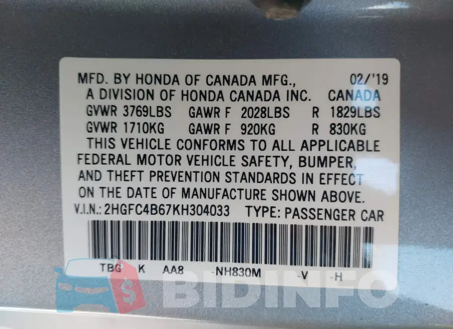 2HGFC4B67KH304033 Photo# 9
