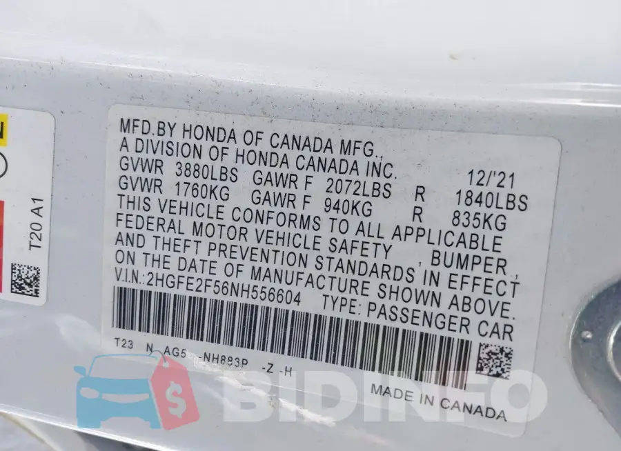 2HGFE2F56NH556604 Photo# 9