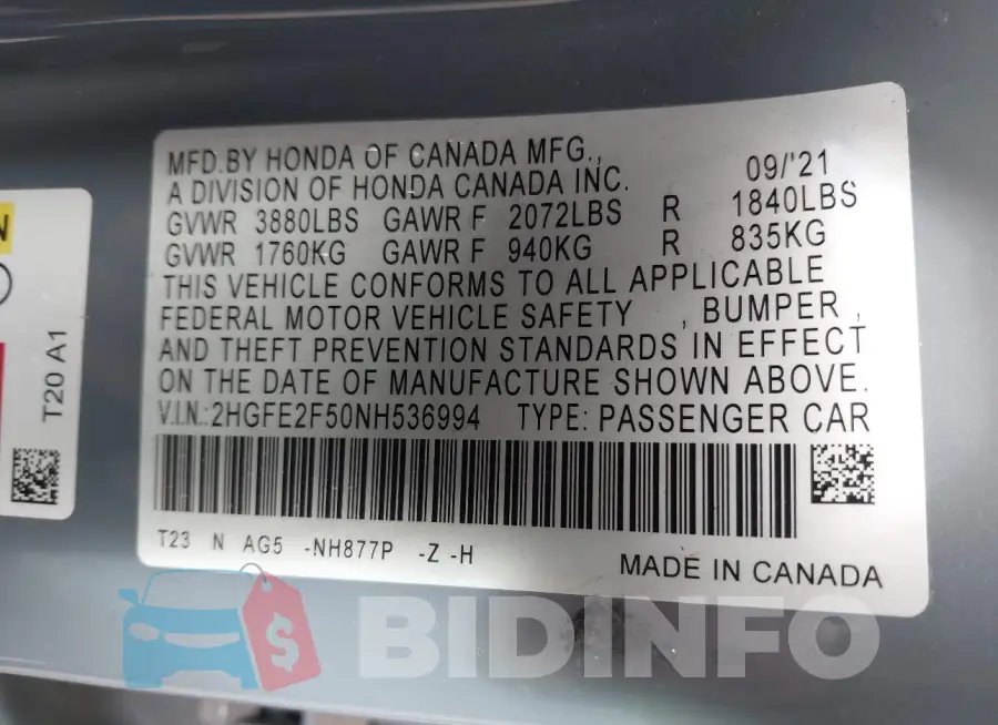 2HGFE2F50NH536994 Photo# 9