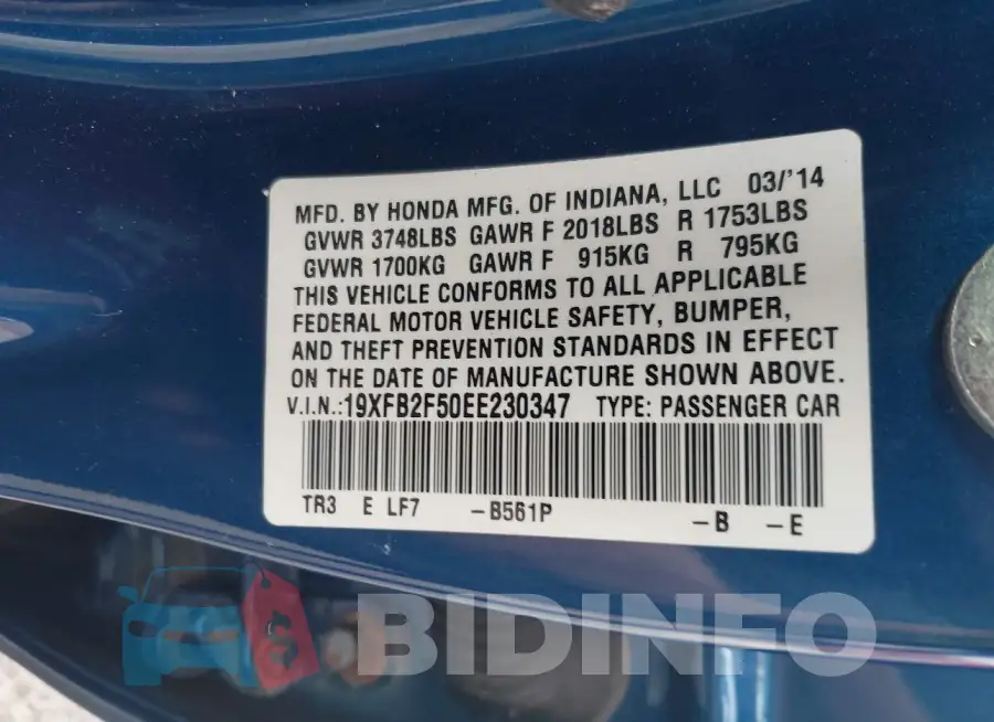 19XFB2F50EE230347 Photo# 9