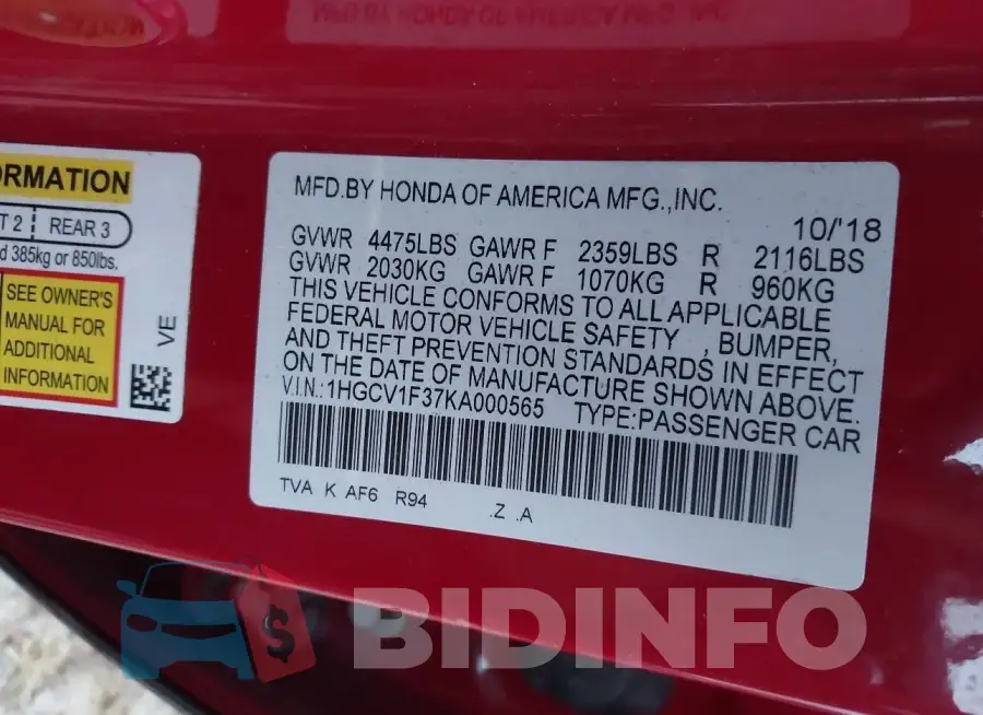 1HGCV1F37KA000565 Photo# 9