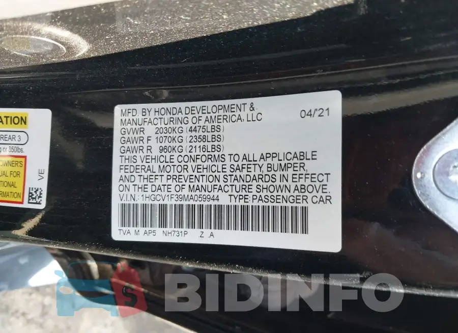 1HGCV1F39MA059944 Photo# 9