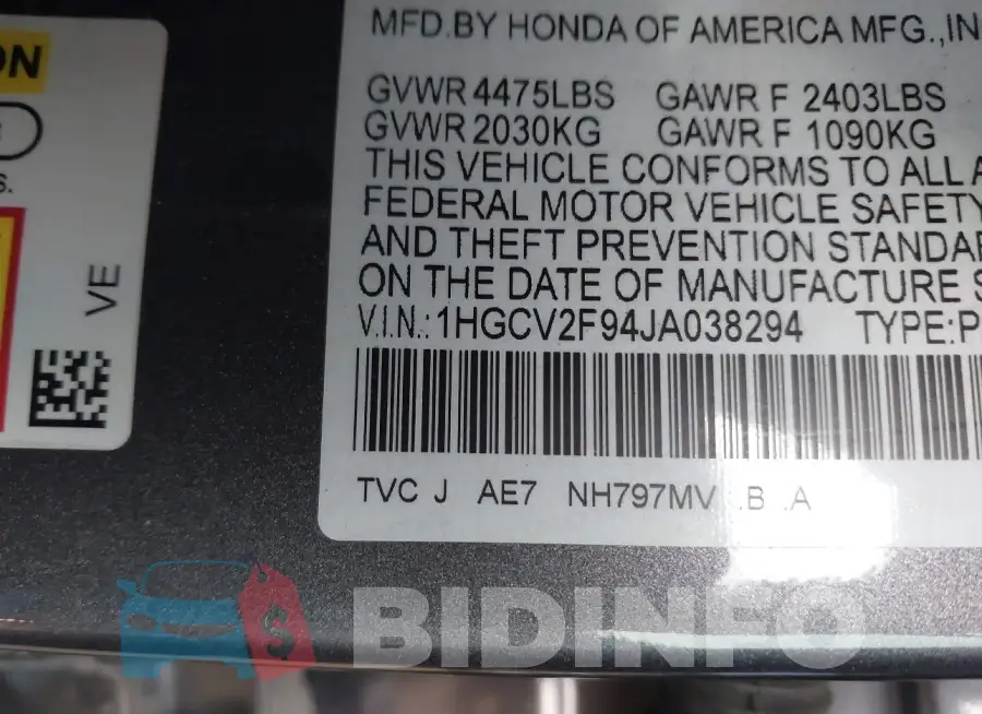 1HGCV2F94JA038294 Photo# 9
