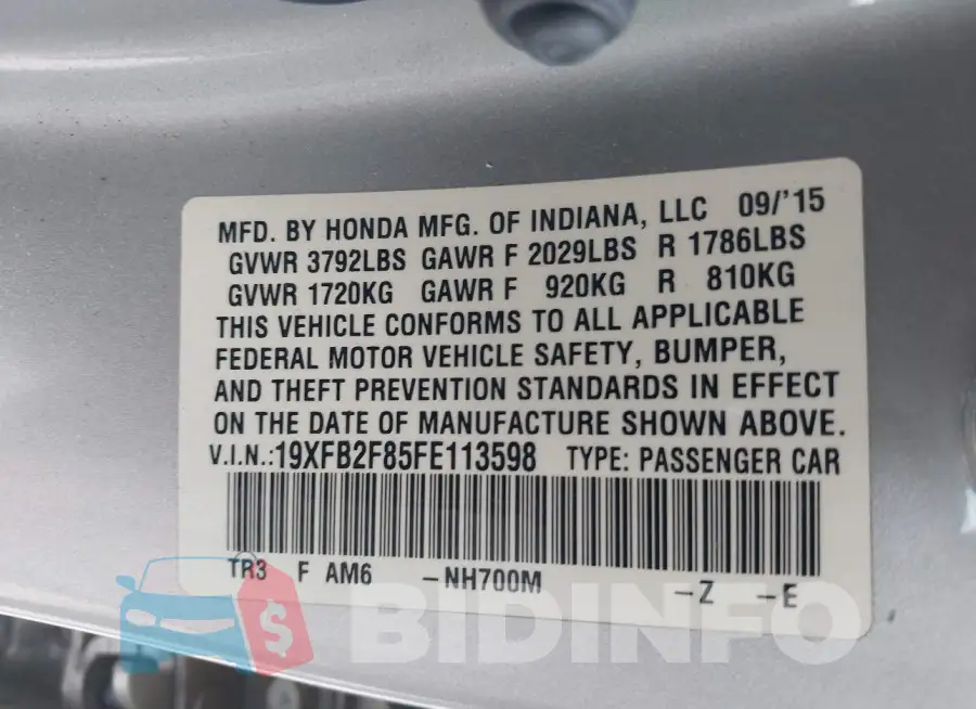 19XFB2F85FE113598 Photo# 9