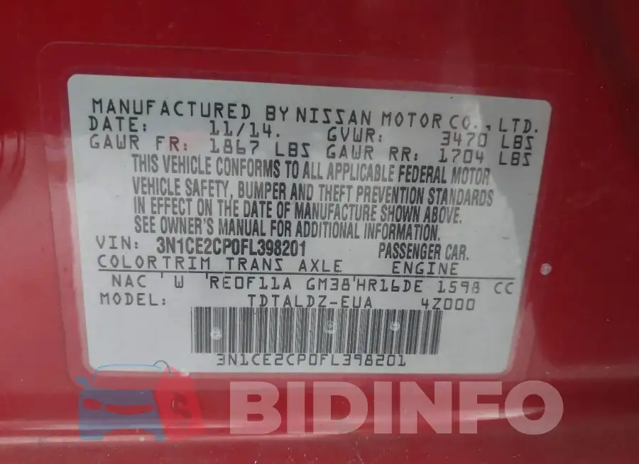 3N1CE2CP0FL398201 Photo# 9