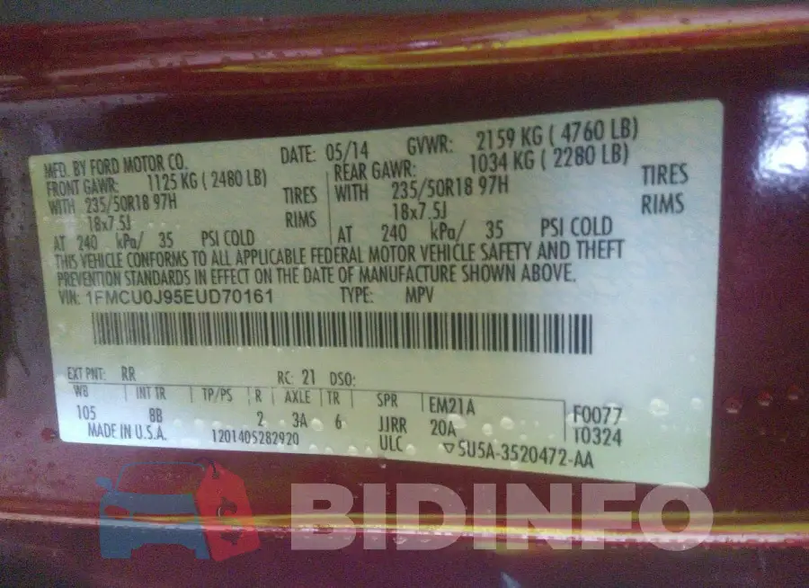 1FMCU0J95EUD70161 Photo# 9