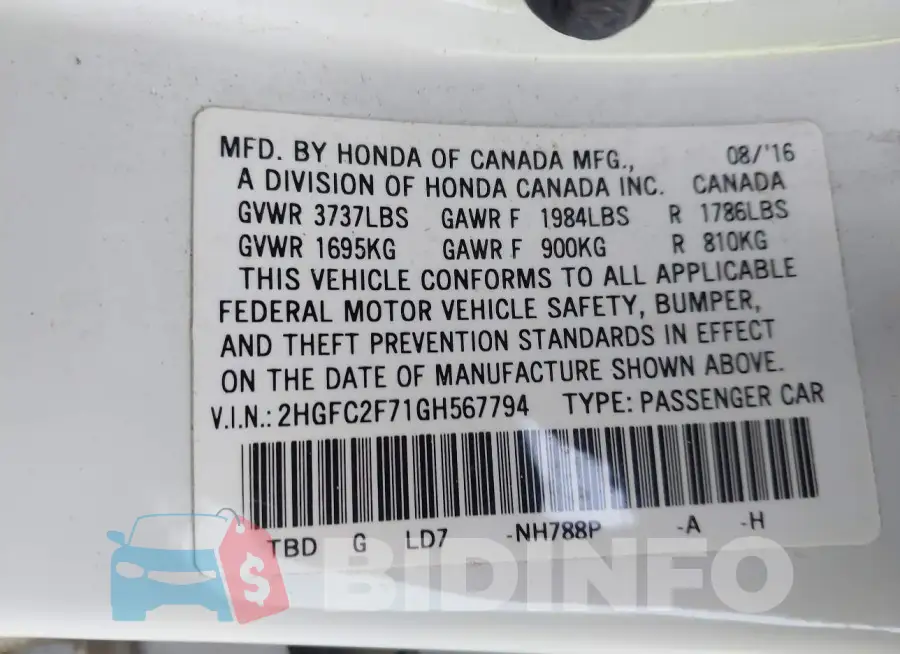 2HGFC2F71GH567794 Photo# 9