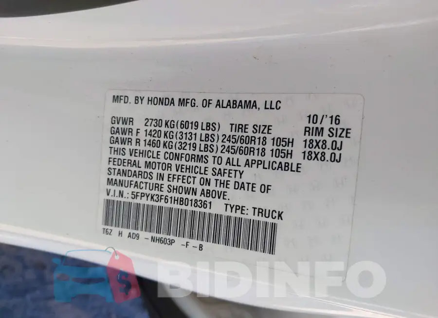 5FPYK3F61HB018361 Photo# 9