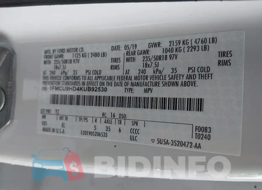 1FMCU9HD4KUB92530 Photo# 9