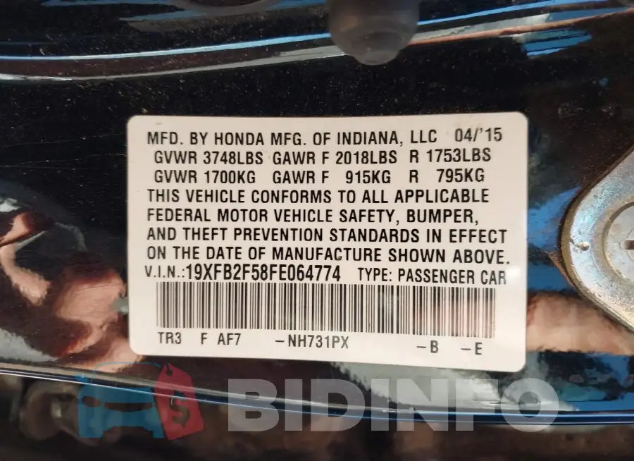 19XFB2F58FE064774 Photo# 9