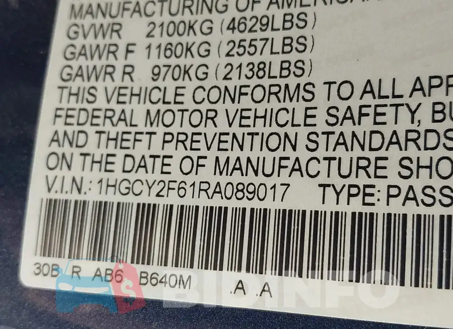 1HGCY2F61RA089017 Photo# 9