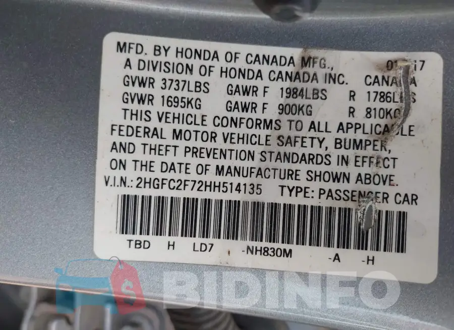 2HGFC2F72HH514135 Photo# 9