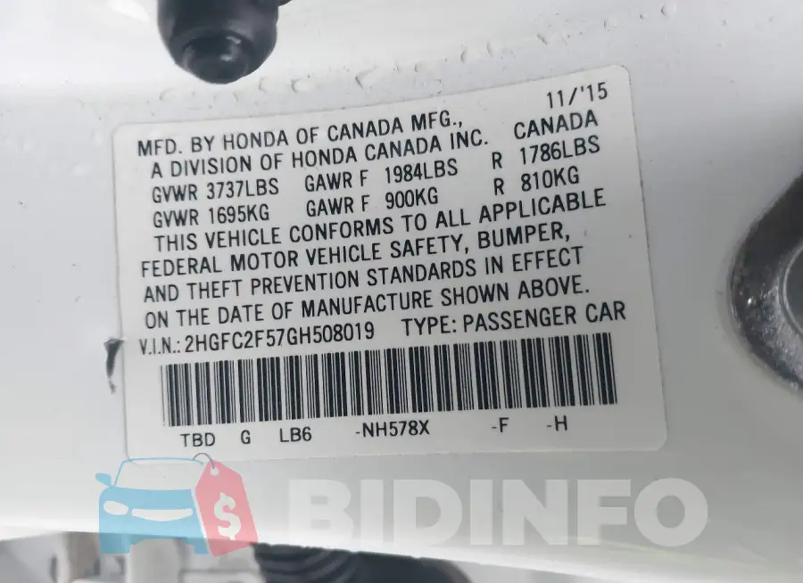 2HGFC2F57GH508019 Photo# 9