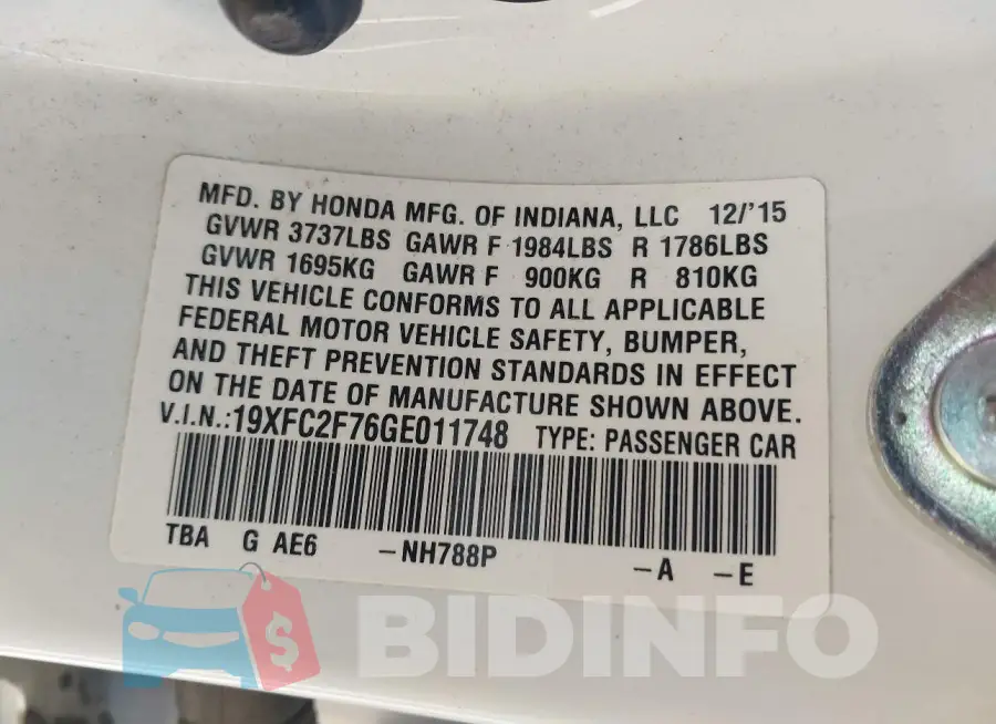 19XFC2F76GE011748 Photo# 9