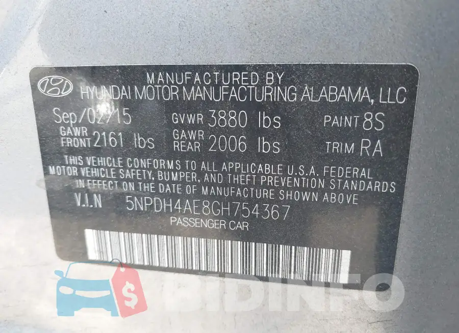 5NPDH4AE8GH754367 Photo# 9