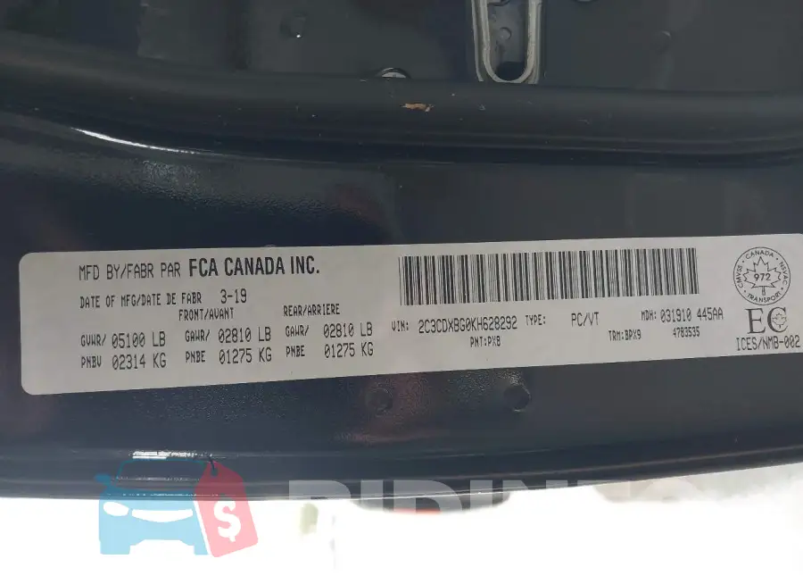 2C3CDXBG0KH628292 Photo# 9