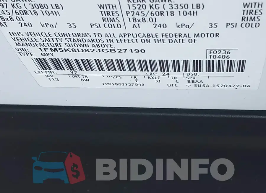1FM5K8D82JGB27190 Photo# 9