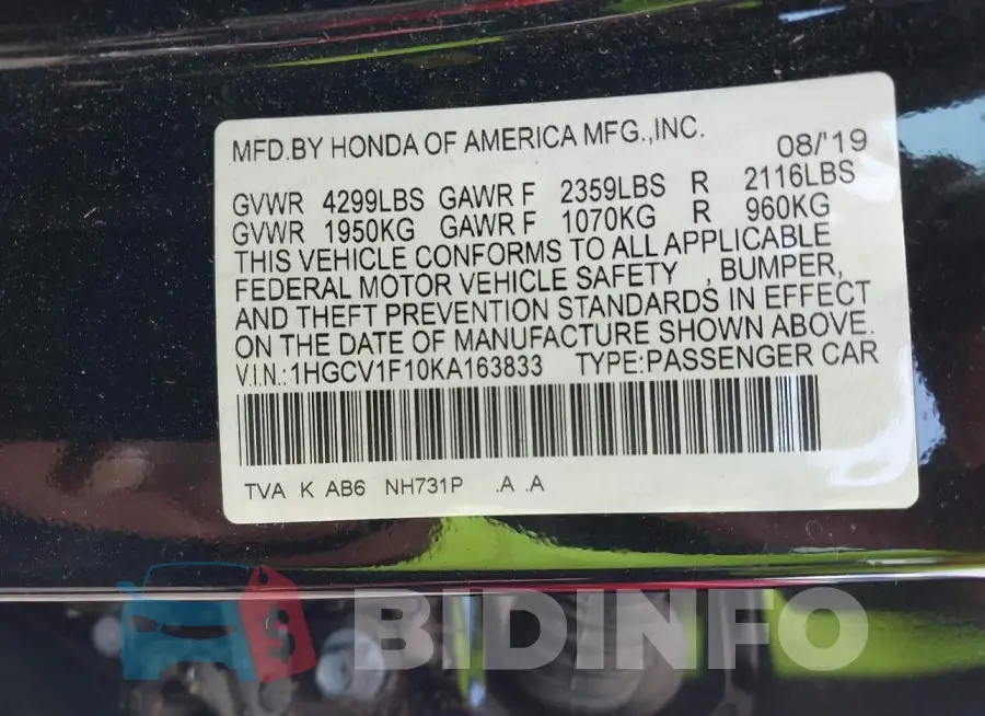 1HGCV1F10KA163833 Photo# 9