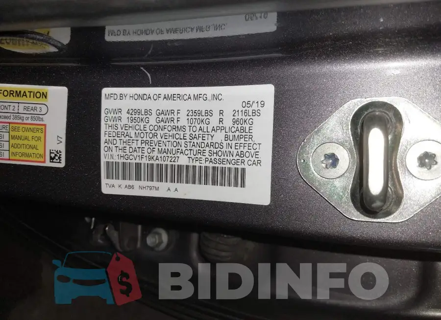 1HGCV1F19KA107227 Photo# 9