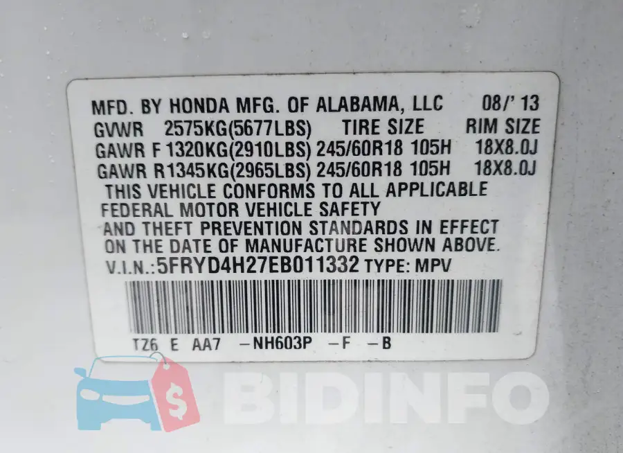 5FRYD4H27EB011332 Photo# 9