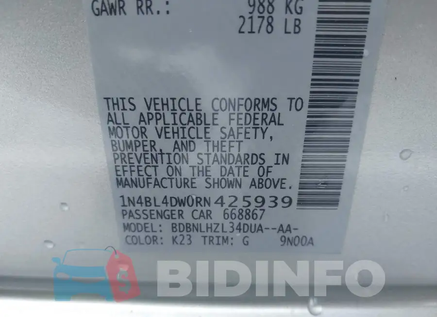 1N4BL4DW0RN425939 Photo# 9