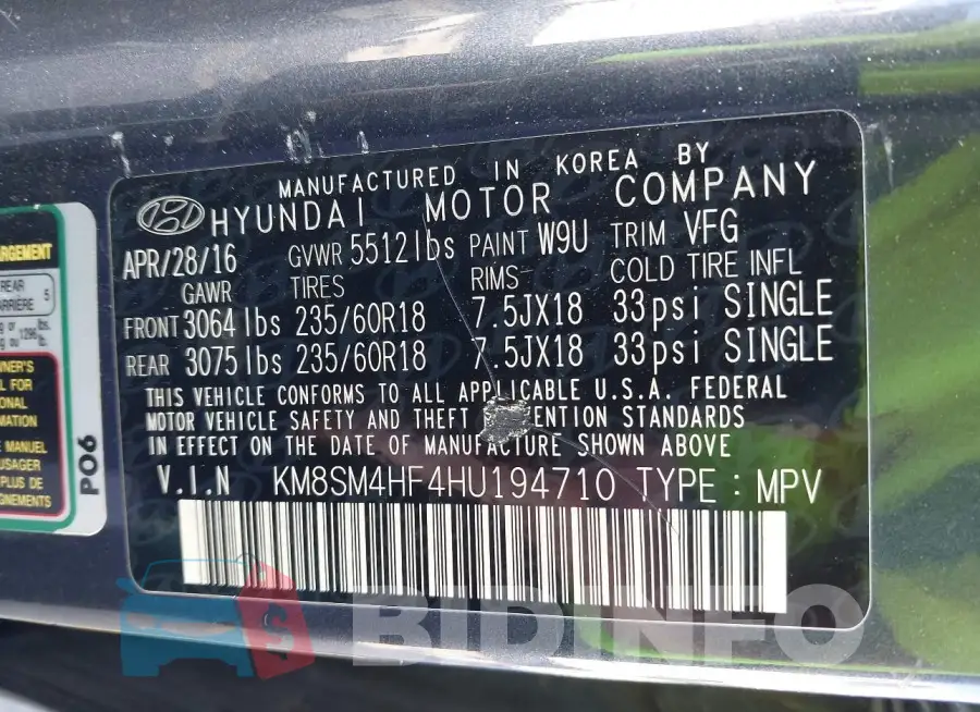 KM8SM4HF4HU194710 Photo# 9