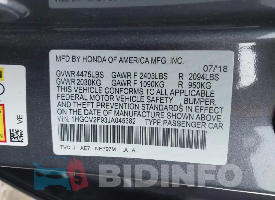 1HGCV2F93JA045382 Photo# 9