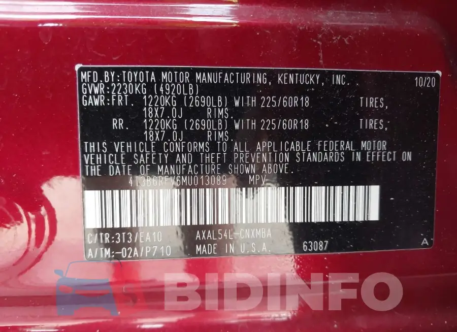 4T3B6RFV6MU013089 Photo# 9