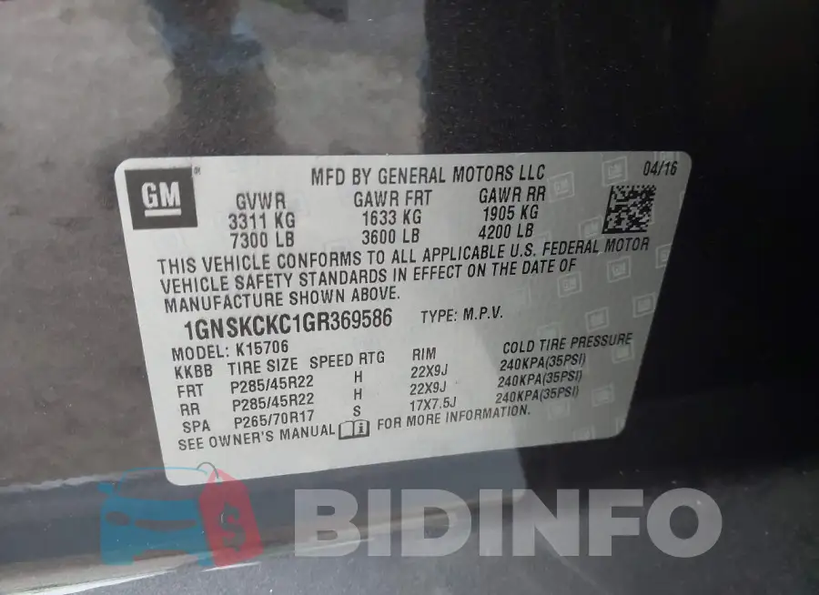 1GNSKCKC1GR369586 Photo# 9