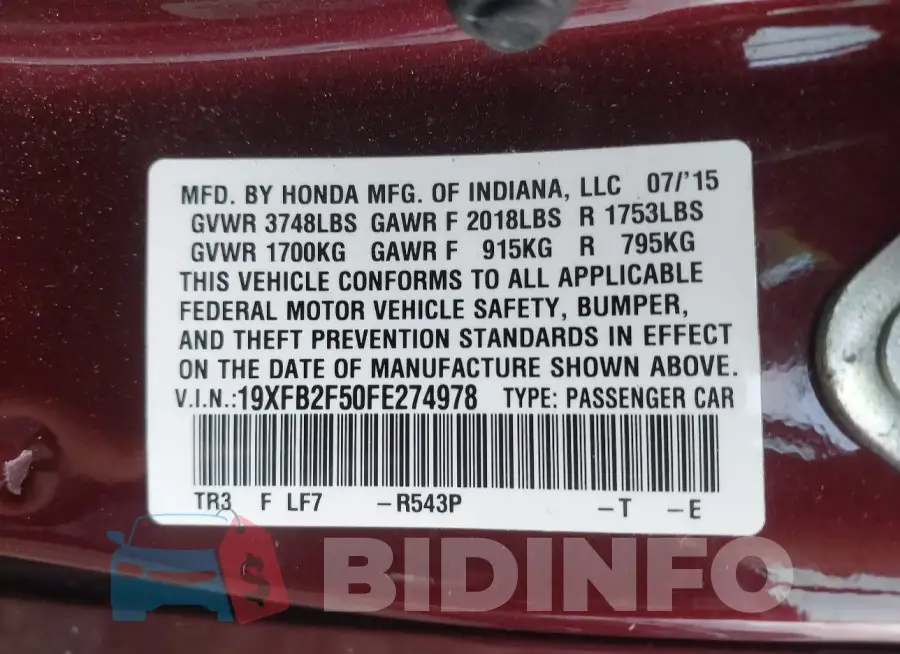 19XFB2F50FE274978 Photo# 9