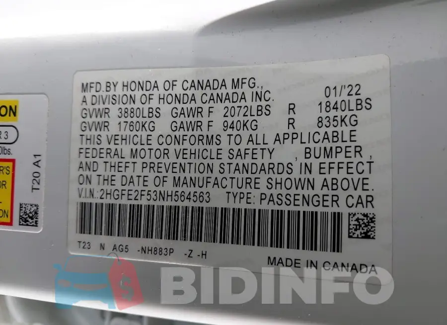 2HGFE2F53NH564563 Photo# 9