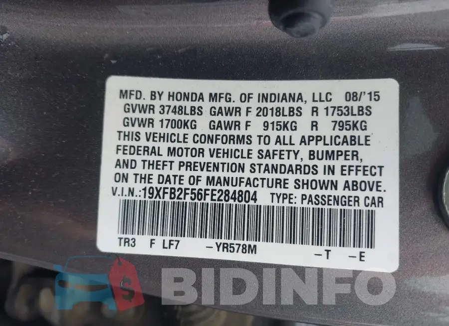 19XFB2F56FE284804 Photo# 9