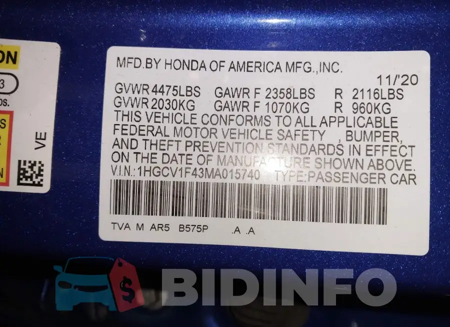 1HGCV1F43MA015740 Photo# 9