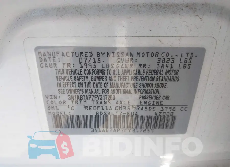 3N1AB7AP7FY317259 Photo# 9